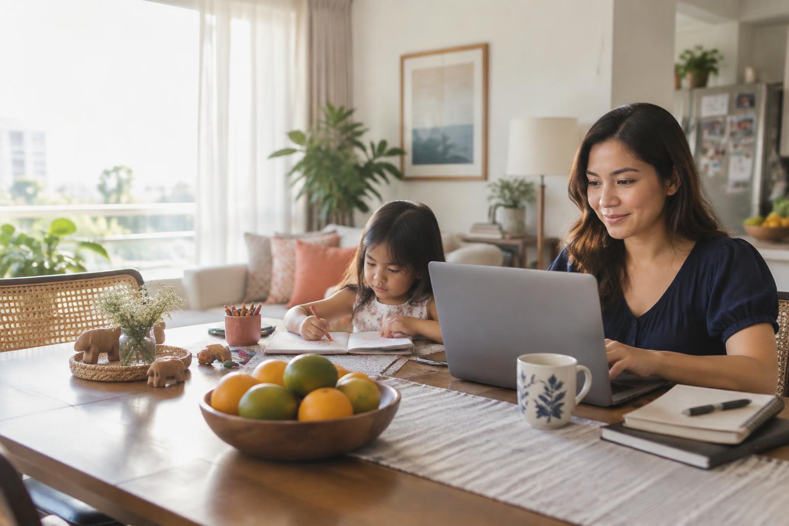 Filipino mother working on a laptop while her daughter draws nearby